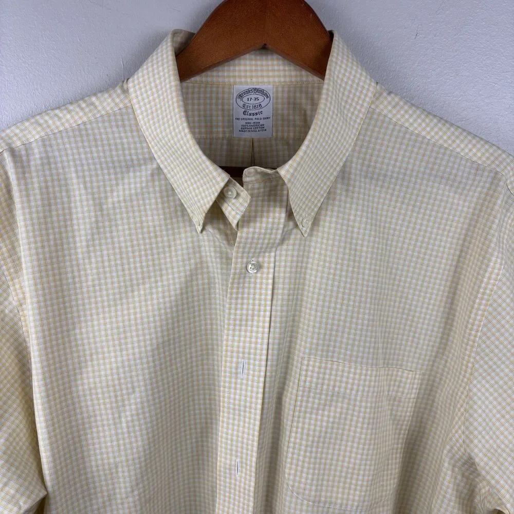 Brooks Brothers Men 17-35 Classic Yellow Check Dress Shirt NonIron Supima Cotton